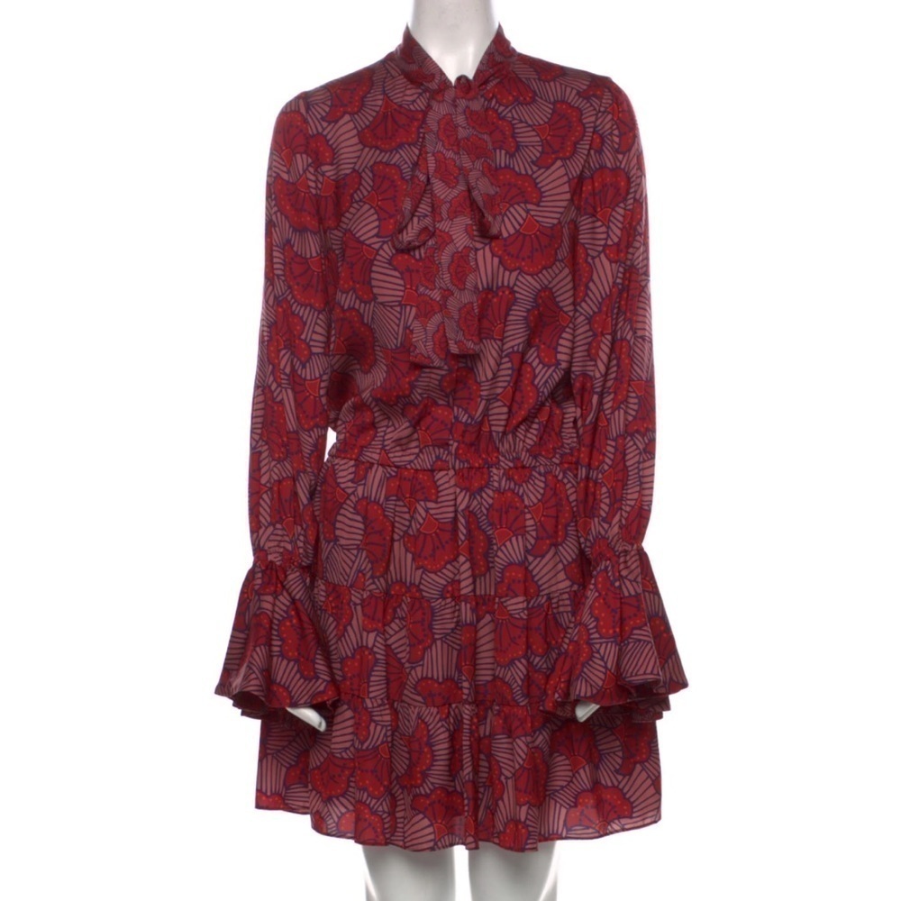 Alexis- Red Fan Long Flare Sleeve Mini Dress
